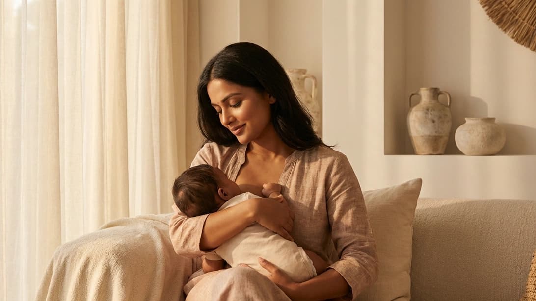 Mother gently holding her baby in natural light